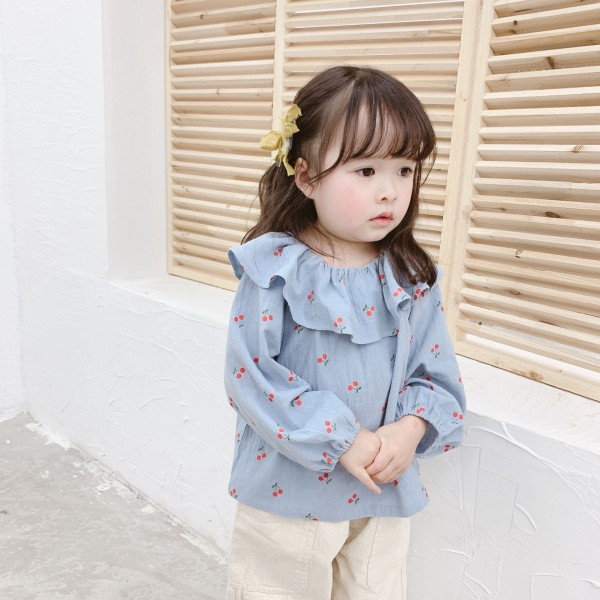 2020 autumn children's new girls' Autumn cherry print big Lapel shirt 19024