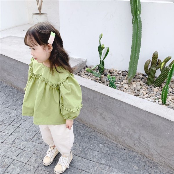 2020 children's spring new women's clothing Korean version nine sleeve shirt with ear edge 20130