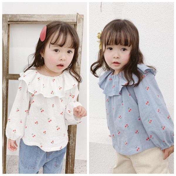 2020 autumn children's new girls' Autumn cherry print big Lapel shirt 19024