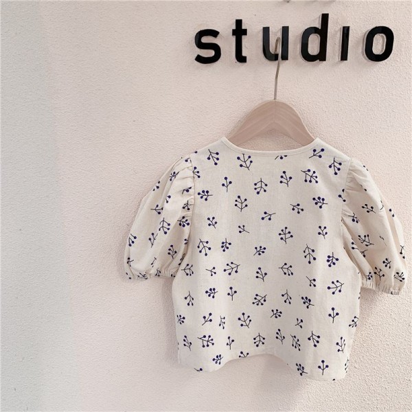 Adbaby children's clothing 2020 summer new girls' summer clothing bubble sleeve hemp cotton short sleeve shirt 20372 