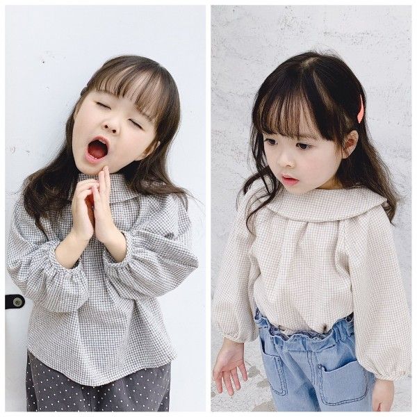 2020 children's autumn new product girls' Korean autumn bubble sleeve big Lapel shirt 20106 