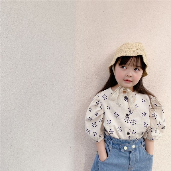 Adbaby children's clothing 2020 summer new girls' summer clothing bubble sleeve hemp cotton short sleeve shirt 20372 