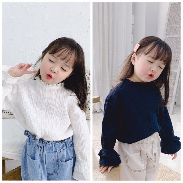 2020 spring children's clothing new girls' Korean ear edge Quarter Sleeve Shirt 20119