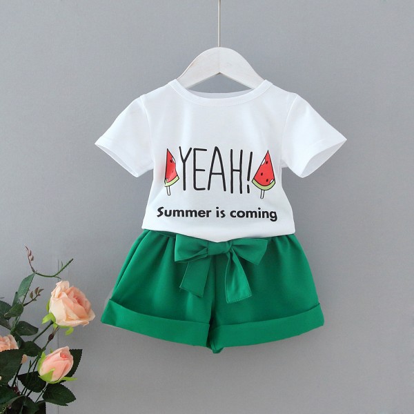 EW foreign trade children's wear summer girls' Shorts New Korean printed T-shirt bow Shorts Set for middle and small children