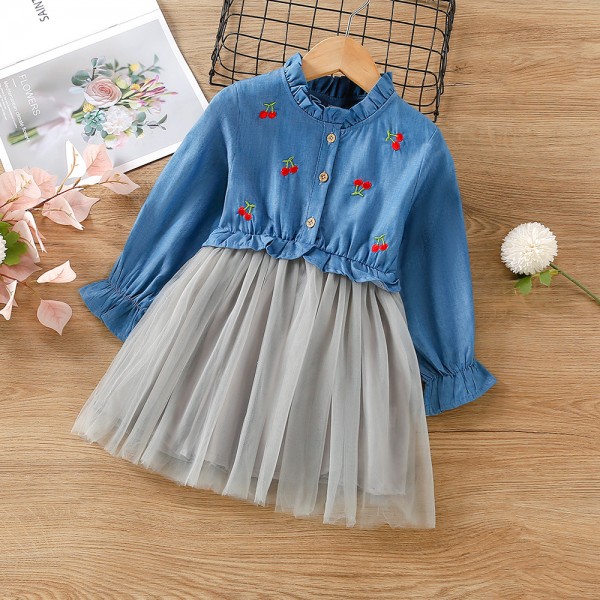 EW foreign trade children's clothing 2021 autumn new girls cherry embroidered long sleeve denim dress 1885