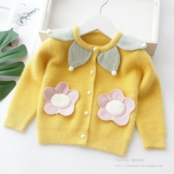 EW foreign trade children's wear 2020 children's sweater new autumn sweet beauty children's solid color flower single breasted crew neck sweater
