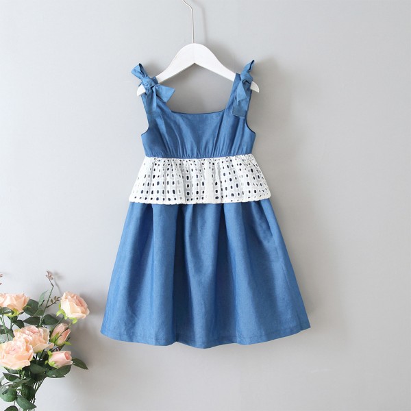 EW foreign trade children's clothing 2020 summer new bowknot square collar lace girls' lovely dress q179