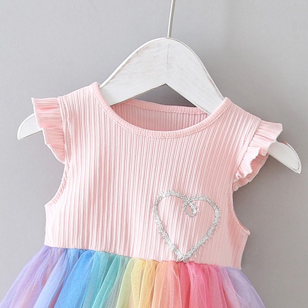 EW foreign trade children's clothing 2020 summer new rainbow mesh small sleeve love lovely girl princess skirt Q159