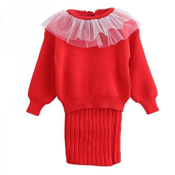 EW foreign trade children's clothing girls' 2020 spring and autumn net neck sweater knitted vest skirt set tz013