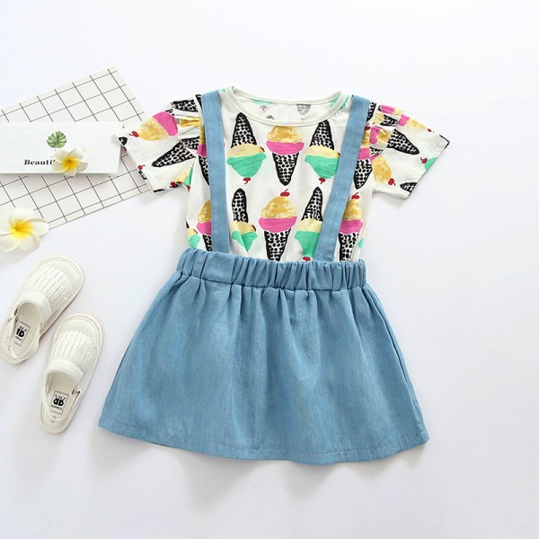 EW foreign trade children's clothing 2020 summer new ice cream printing denim strap skirt set tz41