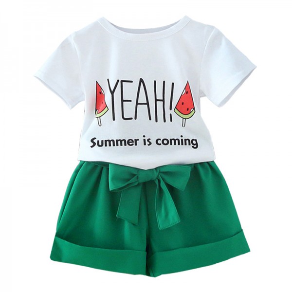 EW foreign trade children's wear summer girls' Shorts New Korean printed T-shirt bow Shorts Set for middle and small children