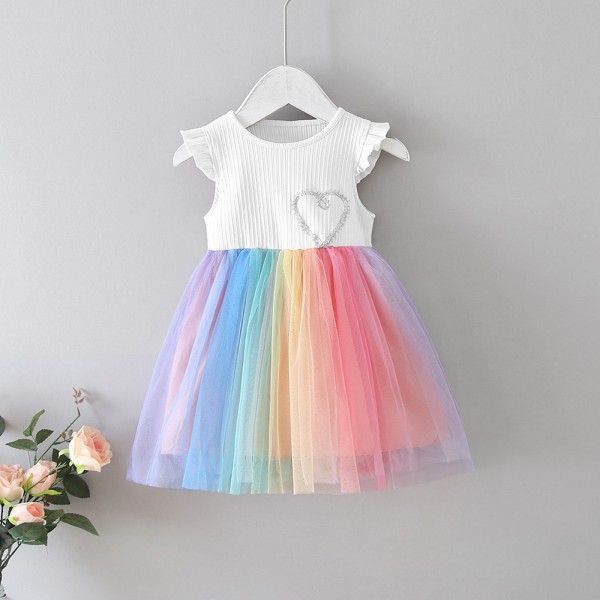 EW foreign trade children's clothing 2020 summer new rainbow mesh small sleeve love lovely girl princess skirt Q159
