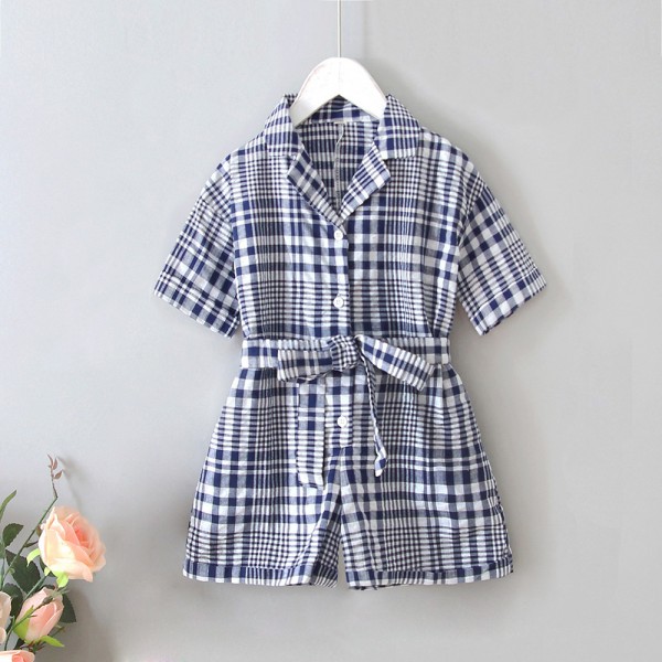 EW foreign trade children's clothing 2020 summer new Korean retro plaid belt fashion short sleeve Jumpsuit q166