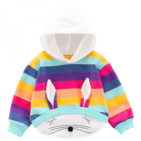 EW girls' Rainbow Striped Sweater 2020 autumn new cartoon rabbit hooded long sleeve T36
