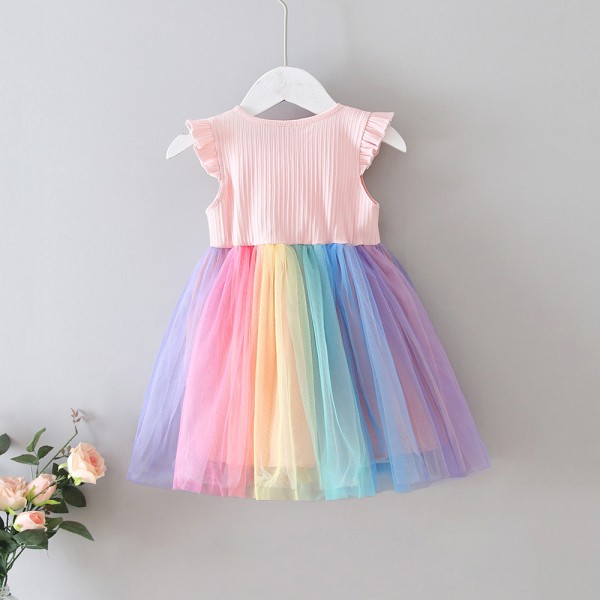 EW foreign trade children's clothing 2020 summer new rainbow mesh small sleeve love lovely girl princess skirt Q159