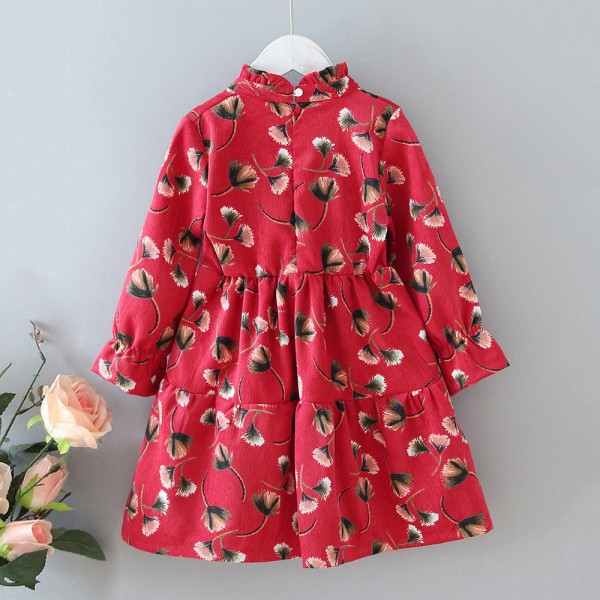 EW foreign trade children's dress autumn winter 2020 skirt retro stand collar long sleeve corduroy floral dress 902-2