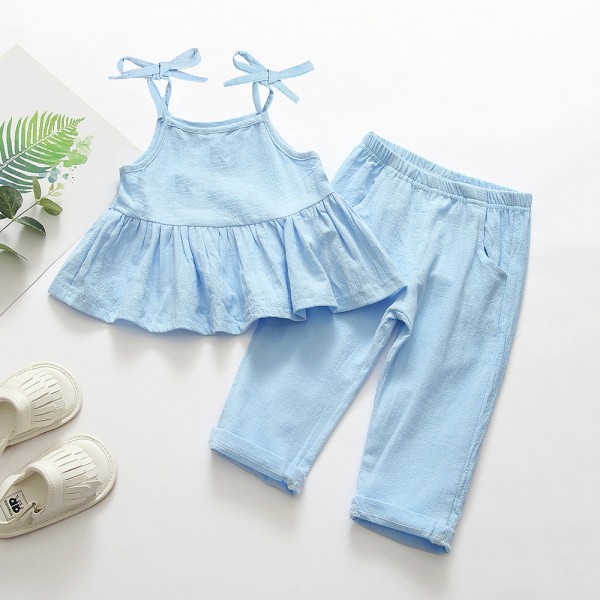 EW foreign trade children's wear 2020 new girl's suit bow sling pants pure color fresh two piece set TZ12