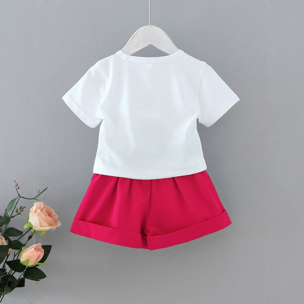 EW foreign trade children's wear summer girls' Shorts New Korean printed T-shirt bow Shorts Set for middle and small children