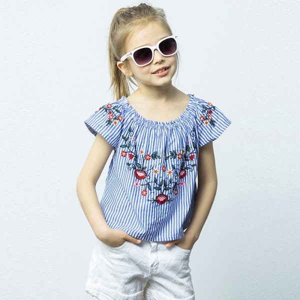 EW foreign trade children's summer new national style T-shirt stripe embroidery short sleeve 1931