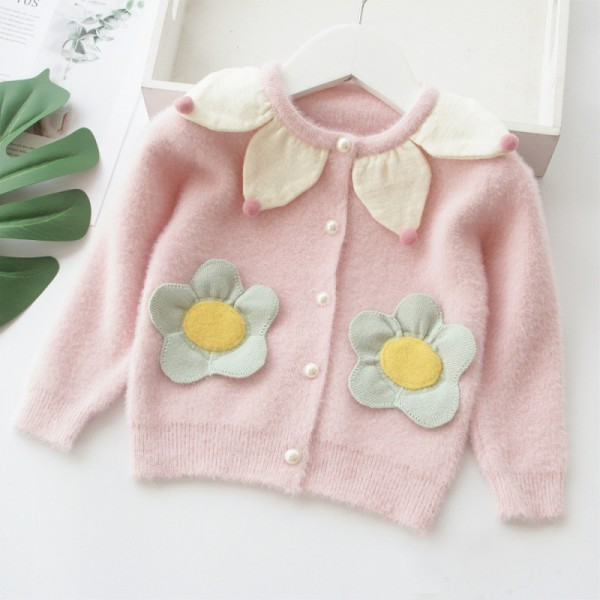 EW foreign trade children's wear 2020 children's sweater new autumn sweet beauty children's solid color flower single breasted crew neck sweater
