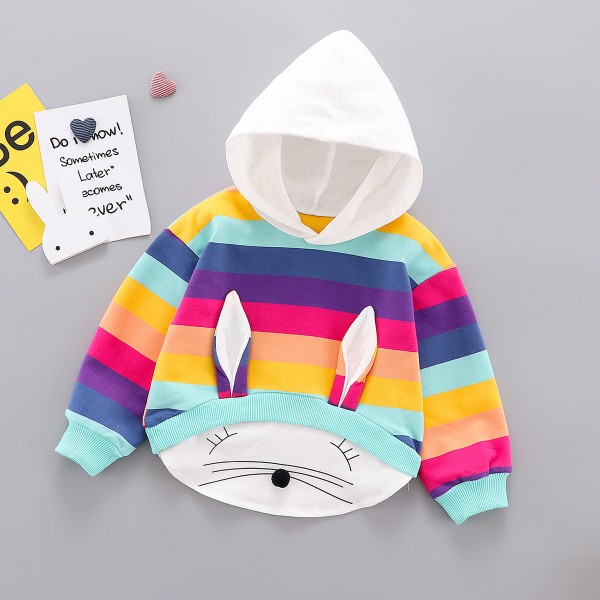 EW girls' Rainbow Striped Sweater 2020 autumn new cartoon rabbit hooded long sleeve T36