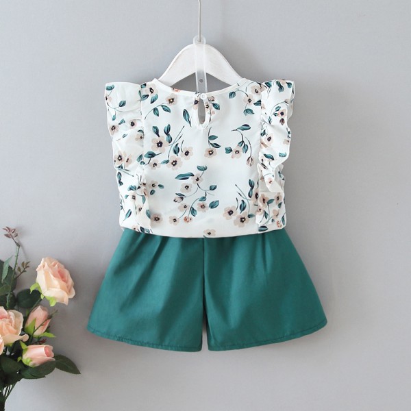 EW foreign trade children's clothing 2020 summer girls' suit lace sleeveless top baby loose shorts two piece set HP12