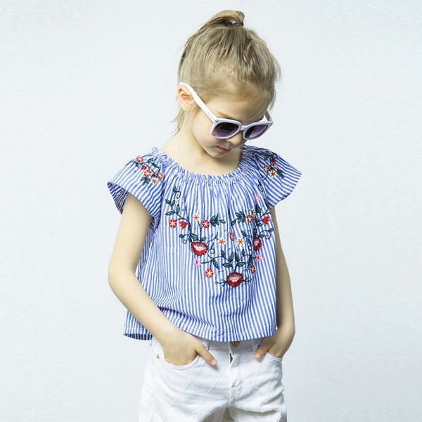EW foreign trade children's summer new national style T-shirt stripe embroidery short sleeve 1931