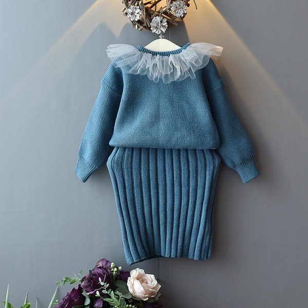 EW foreign trade children's clothing girls' 2020 spring and autumn net neck sweater knitted vest skirt set tz013
