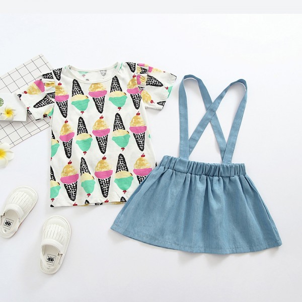 EW foreign trade children's clothing 2020 summer new ice cream printing denim strap skirt set tz41