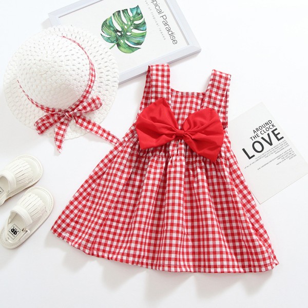 EW foreign trade children's clothing summer 2020 new children's solid color bow Plaid Dress with hat Cx29