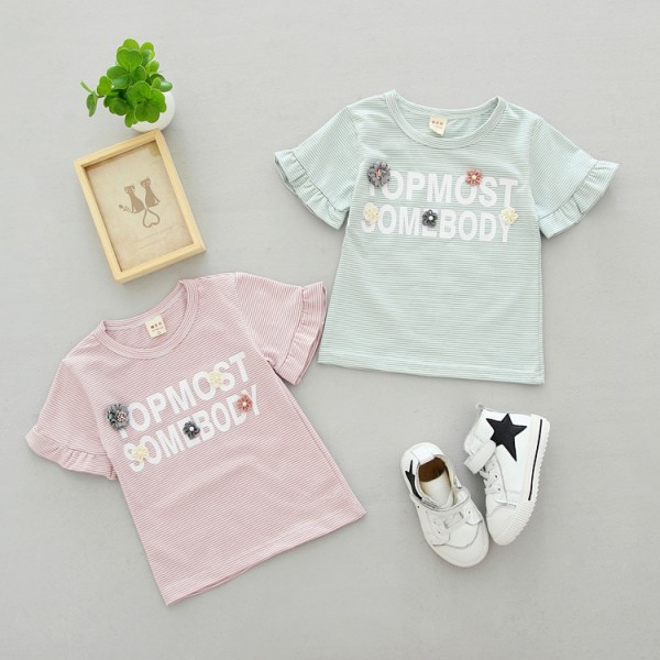 0.4 one foreign trade children's clothing Girls Summer t Korean striped flower short sleeve T-shirt xt01