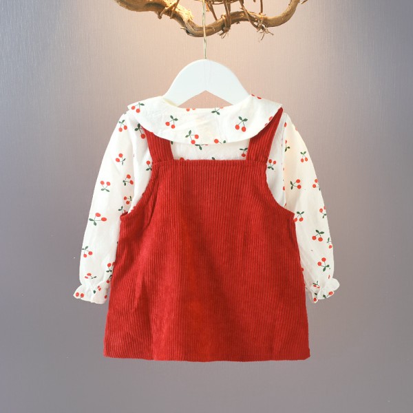 EW foreign trade children's clothing autumn 2020 children's solid cherry top with 2-piece suspender skirt girls' suit