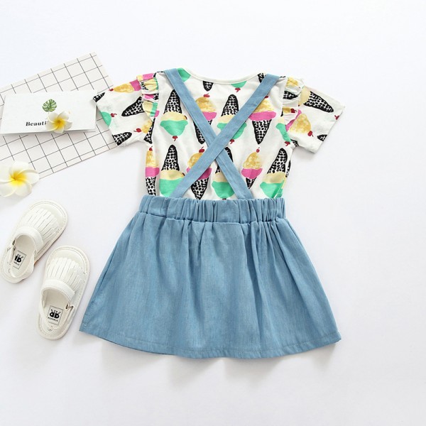 EW foreign trade children's clothing 2020 summer new ice cream printing denim strap skirt set tz41