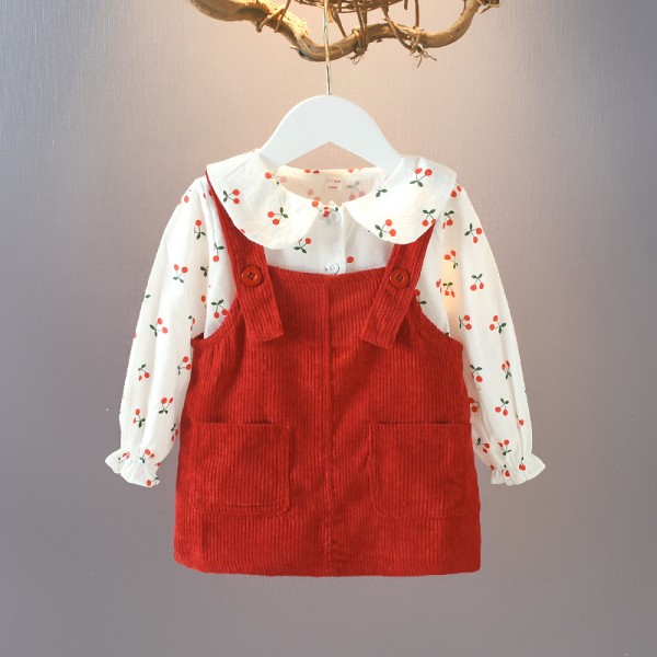 EW foreign trade children's clothing autumn 2020 children's solid cherry top with 2-piece suspender skirt girls' suit