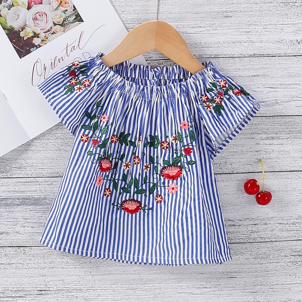 EW foreign trade children's summer new national style T-shirt stripe embroidery short sleeve 1931