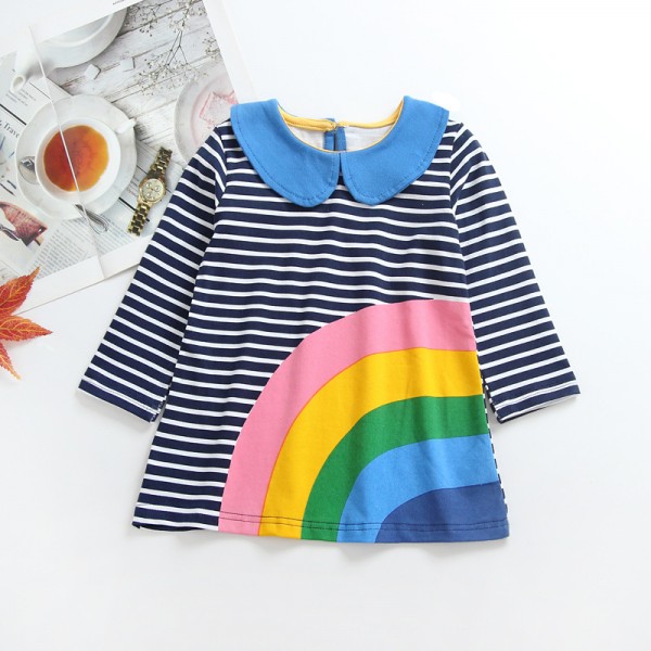 0.7ew foreign trade children's wear Europe and America new spring and autumn stripe rainbow print dress long sleeve 1898