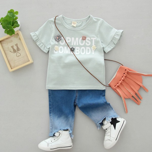 0.4 one foreign trade children's clothing Girls Summer t Korean striped flower short sleeve T-shirt xt01