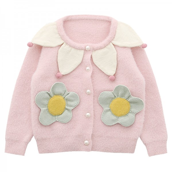 EW foreign trade children's wear 2020 children's sweater new autumn sweet beauty children's solid color flower single breasted crew neck sweater