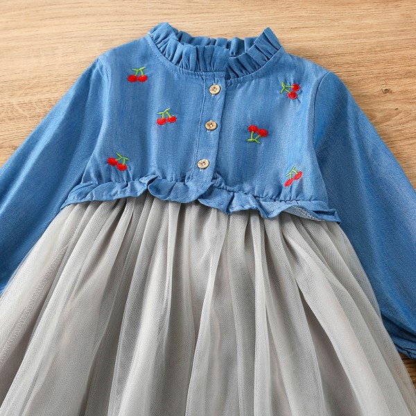 EW foreign trade children's clothing 2021 autumn new girls cherry embroidered long sleeve denim dress 1885