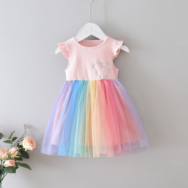 EW foreign trade children's clothing 2020 summer new rainbow mesh small sleeve love lovely girl princess skirt Q159