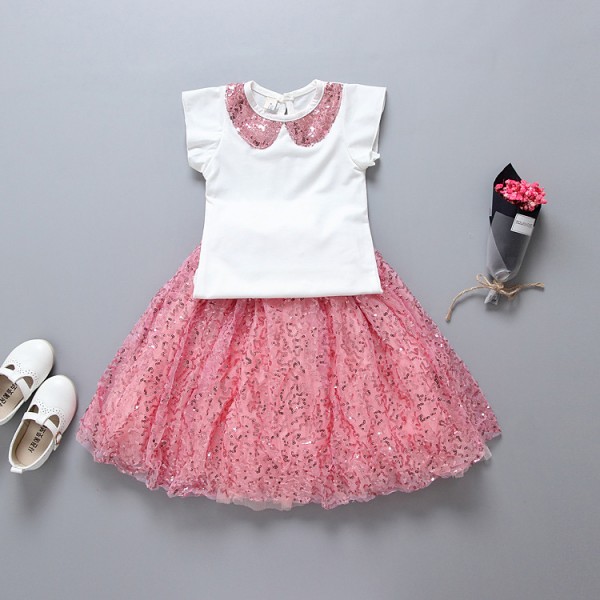 One hair foreign trade children's clothing 2020 summer clothing Korean girls' short sleeve sequined skirt suit two piece set 1708