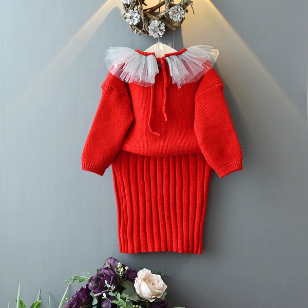 EW foreign trade children's clothing girls' 2020 spring and autumn net neck sweater knitted vest skirt set tz013