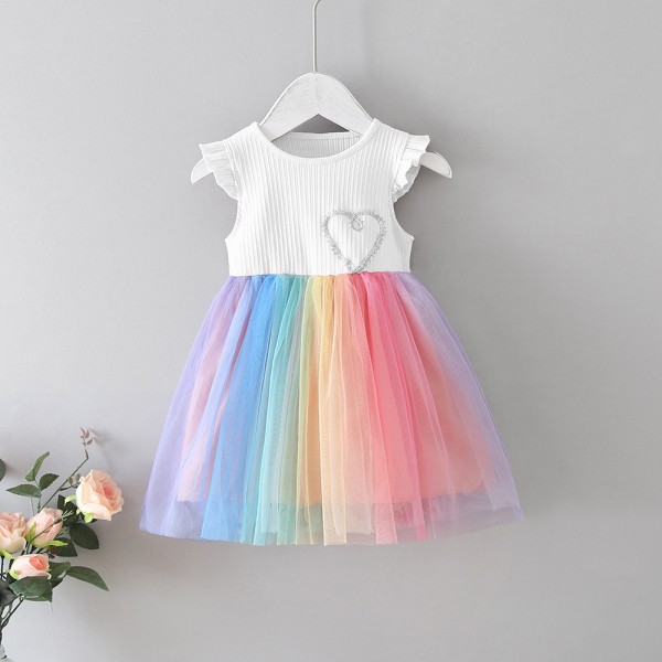 EW foreign trade children's clothing 2020 summer new rainbow mesh small sleeve love lovely girl princess skirt Q159