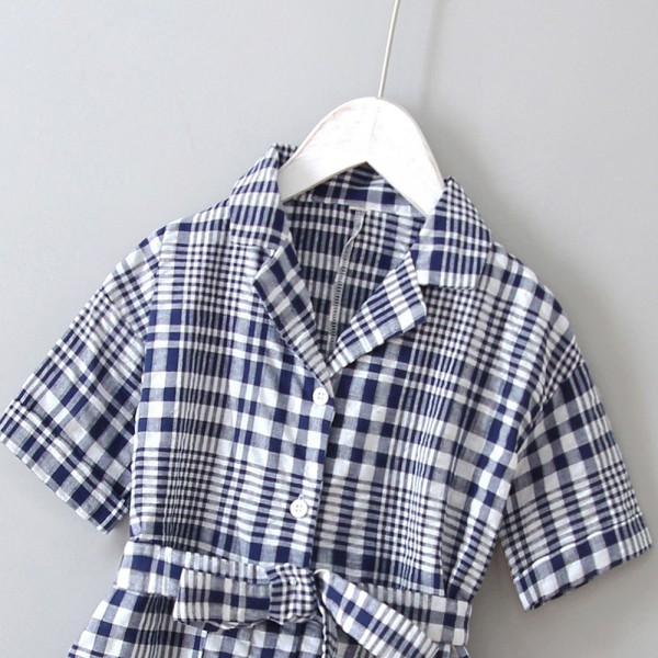 EW foreign trade children's clothing 2020 summer new Korean retro plaid belt fashion short sleeve Jumpsuit q166