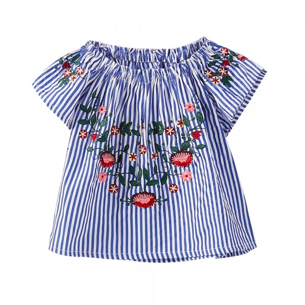 EW foreign trade children's summer new national style T-shirt stripe embroidery short sleeve 1931