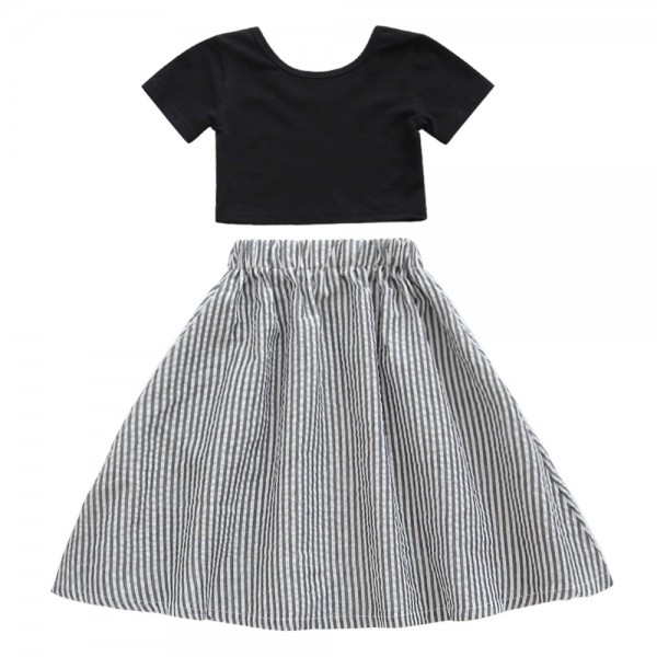 Foreign trade children's skirt 2020 summer new set children's skirt solid color T-shirt + striped skirt girl's skirt set