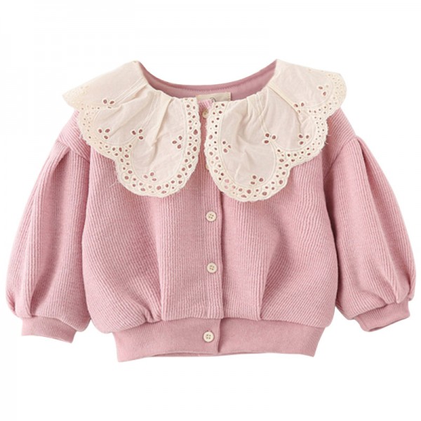 EW foreign trade children's clothing autumn 2019 children's clothing solid color hollow lace Lantern Sleeve children's coat wt82