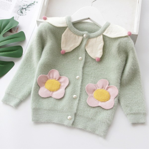 EW foreign trade children's wear 2020 children's sweater new autumn sweet beauty children's solid color flower single breasted crew neck sweater