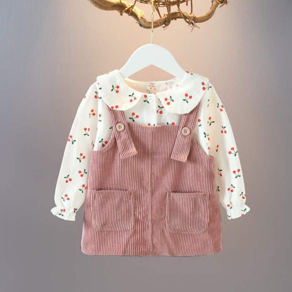 EW foreign trade children's clothing autumn 2020 children's solid cherry top with 2-piece suspender skirt girls' suit