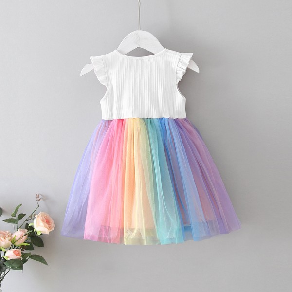 EW foreign trade children's clothing 2020 summer new rainbow mesh small sleeve love lovely girl princess skirt Q159